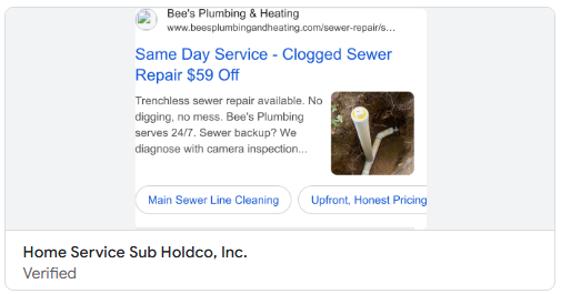 Bee's $59 off clogged sewer ad