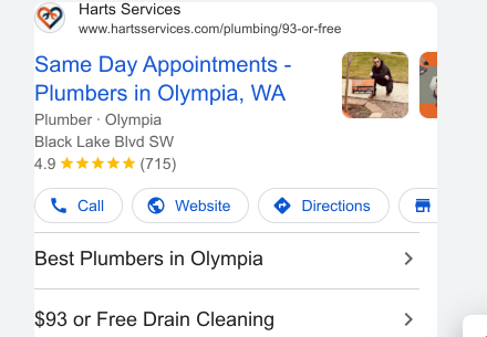 Harts ad with $93 or Free Drain Cleaning sitelink