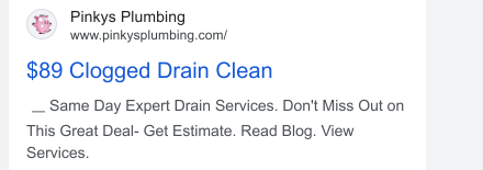 Pinky's $89 clogged drain ad