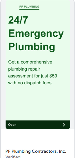 PF Plumbing display ad $59 assessment no dispatch fees