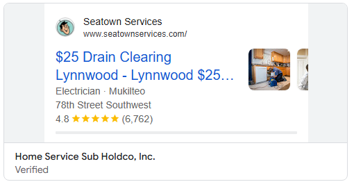 Seatown $25 drain clearing ad